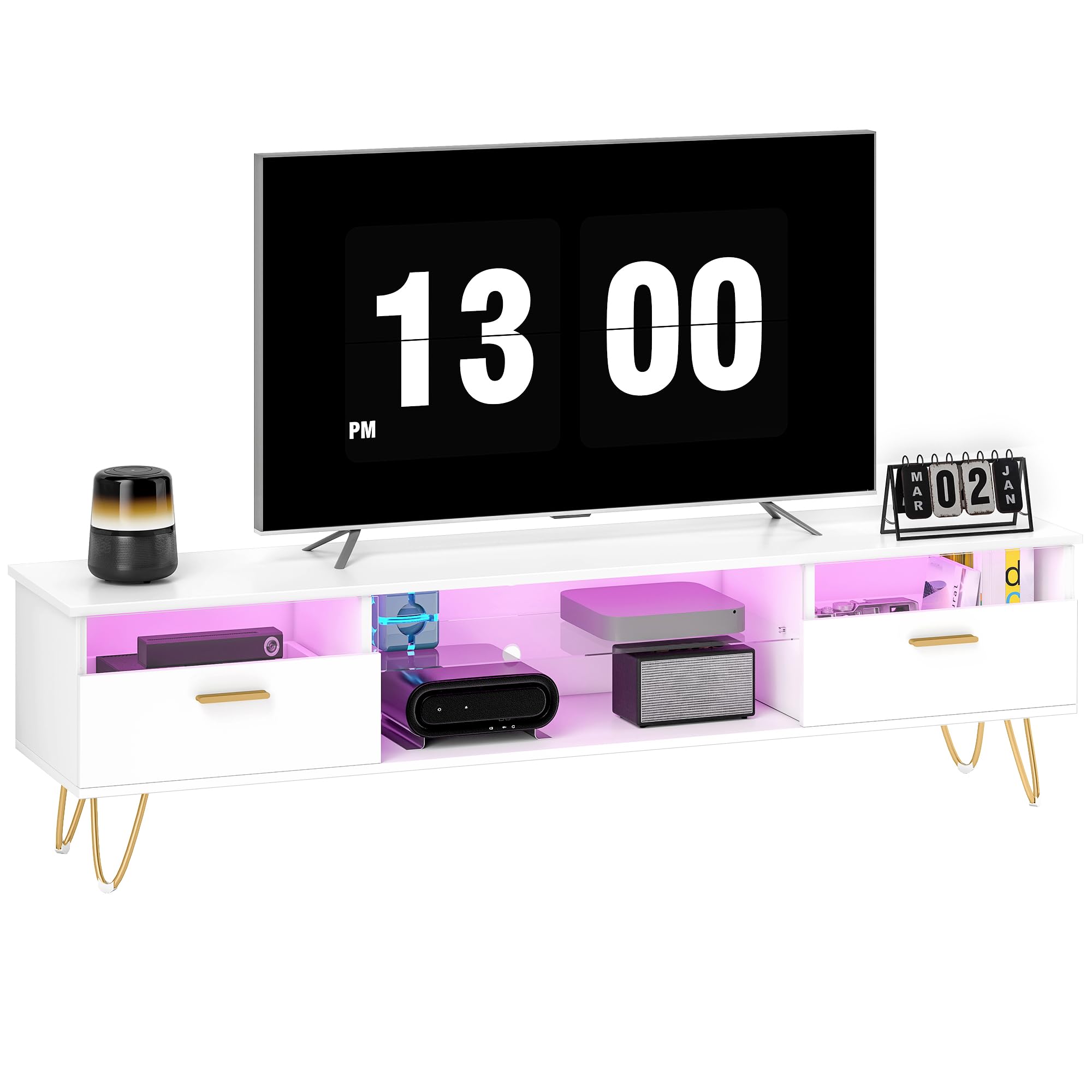 HOMCOM Meuble TV LED RGB 16 Couleurs 42 à 120 Pouces 160x35x42cm Blanc