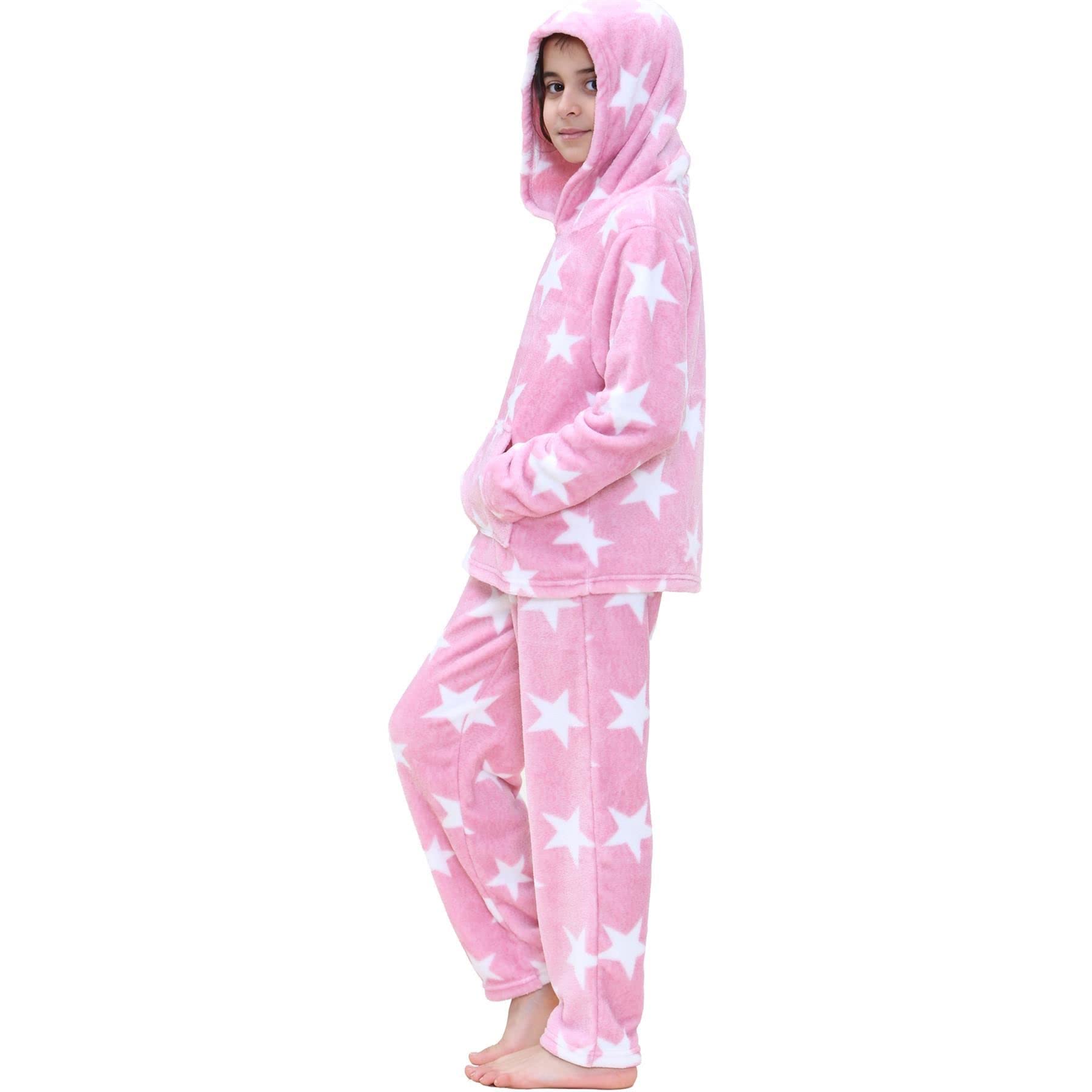 A2Z 4 Kids Girls Stars Fleece Pyjamas Extra Soft Loungewear Flanelowa polarowa bielizna nocna Kieszenie kangurkowe Kaptur Piżamy Zestawy Strojów Wiek 5-13 Lat