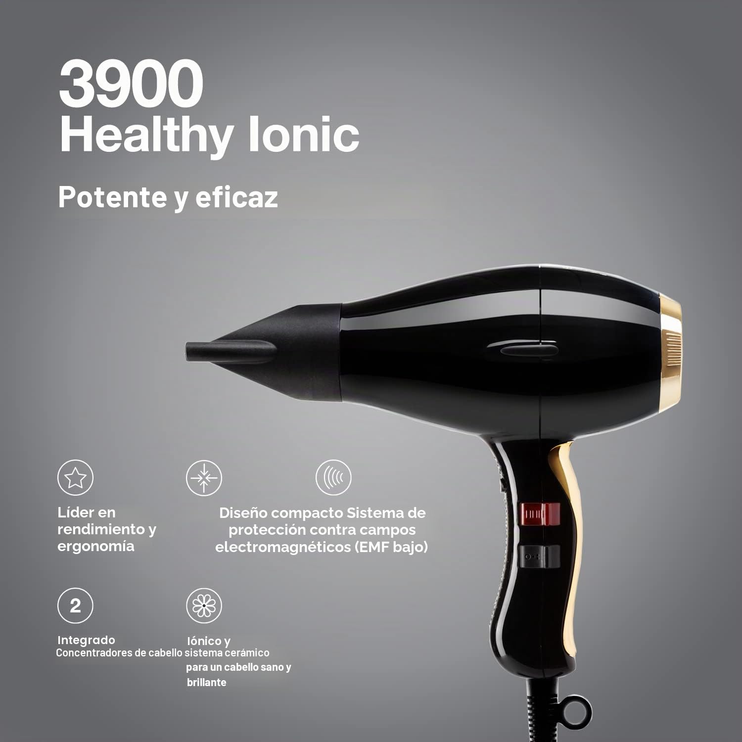 Elchim 3900 Healthy Ionic Secador de pelo en negro y dorado con enchufe Schuko, secador de pelo profesional fabricado en Italia, ligero y silencioso, para un cabello sano, reducción del 30% de los