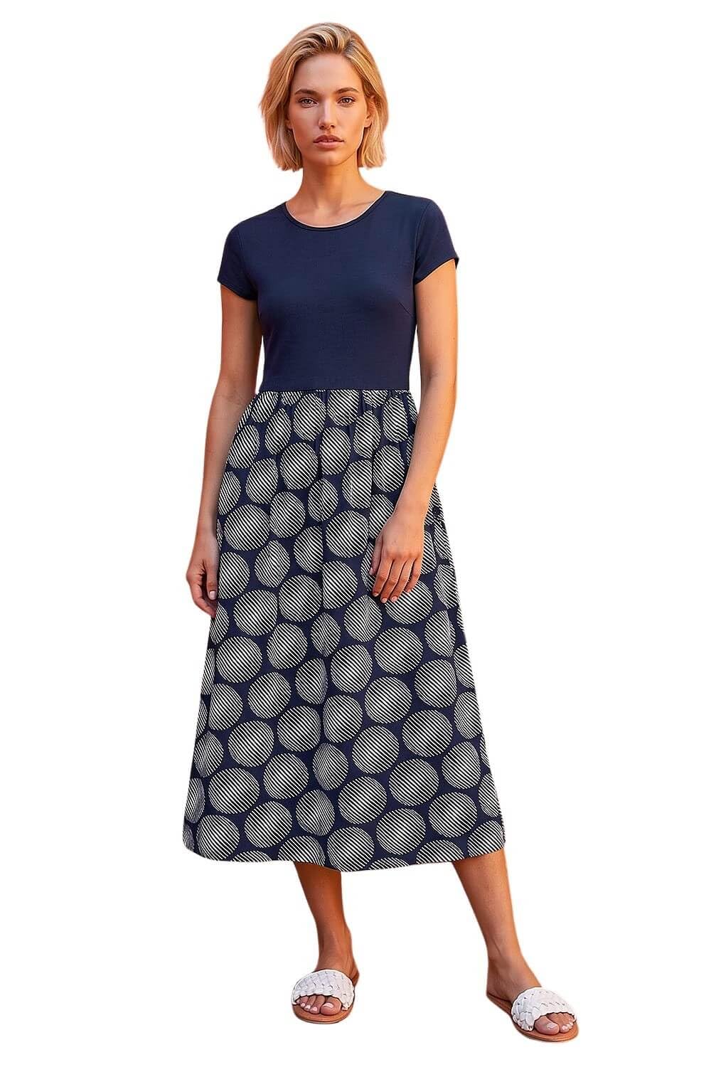 Roman Originals Women's Contrast Geo Navy Roman Midi Dress With Pockets For Uk Stretchy Jersey Maxi Long Short Sleeve Elasticated Gathered High Waist Boho Flattering Skater Swing Fit Flare - Size 18