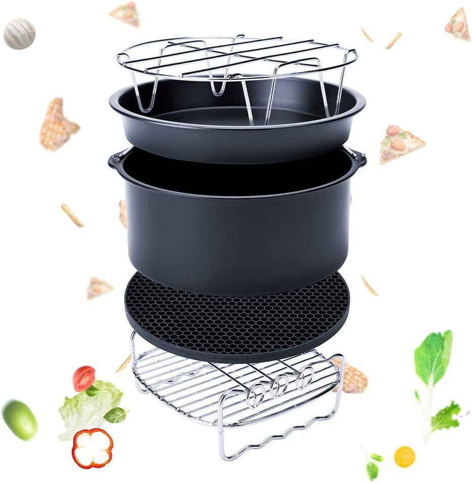 Domeilleur 5-Set Air Fryer Accessories for Gowise Phillips Cozyna Fit 3.7-5.8QT with Cake Barrel, Pizza Pan, Metal Holder, Grill Rack, Silicone Mat, 6 inch / 7 inch