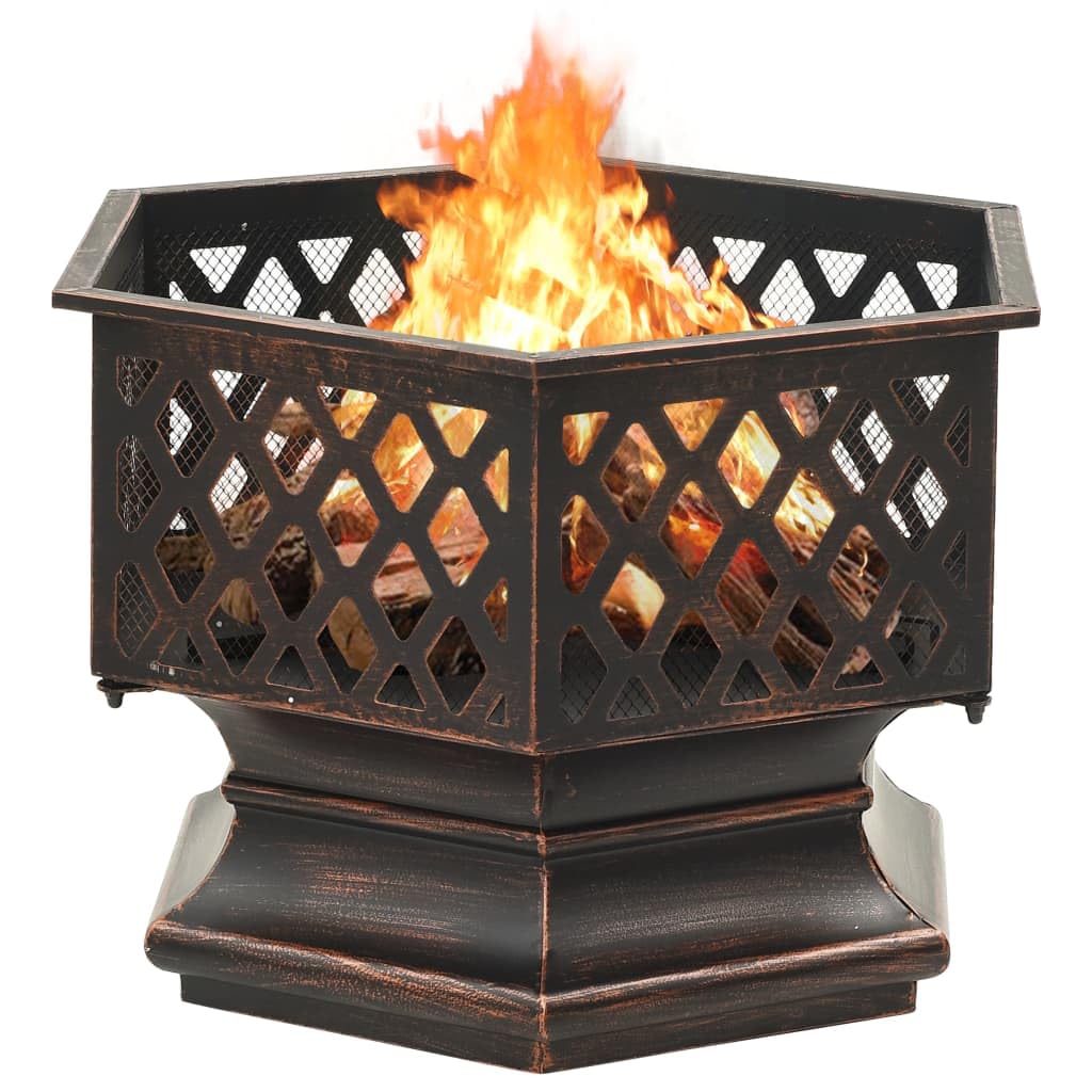 Braciere rustico in acciaio, 62 x 54 x 56 cm, con attizzatoio e copertura a griglia, autoportante, per terrazza e giardino, fonte di calore con grande braciere e protezione dalle scintille