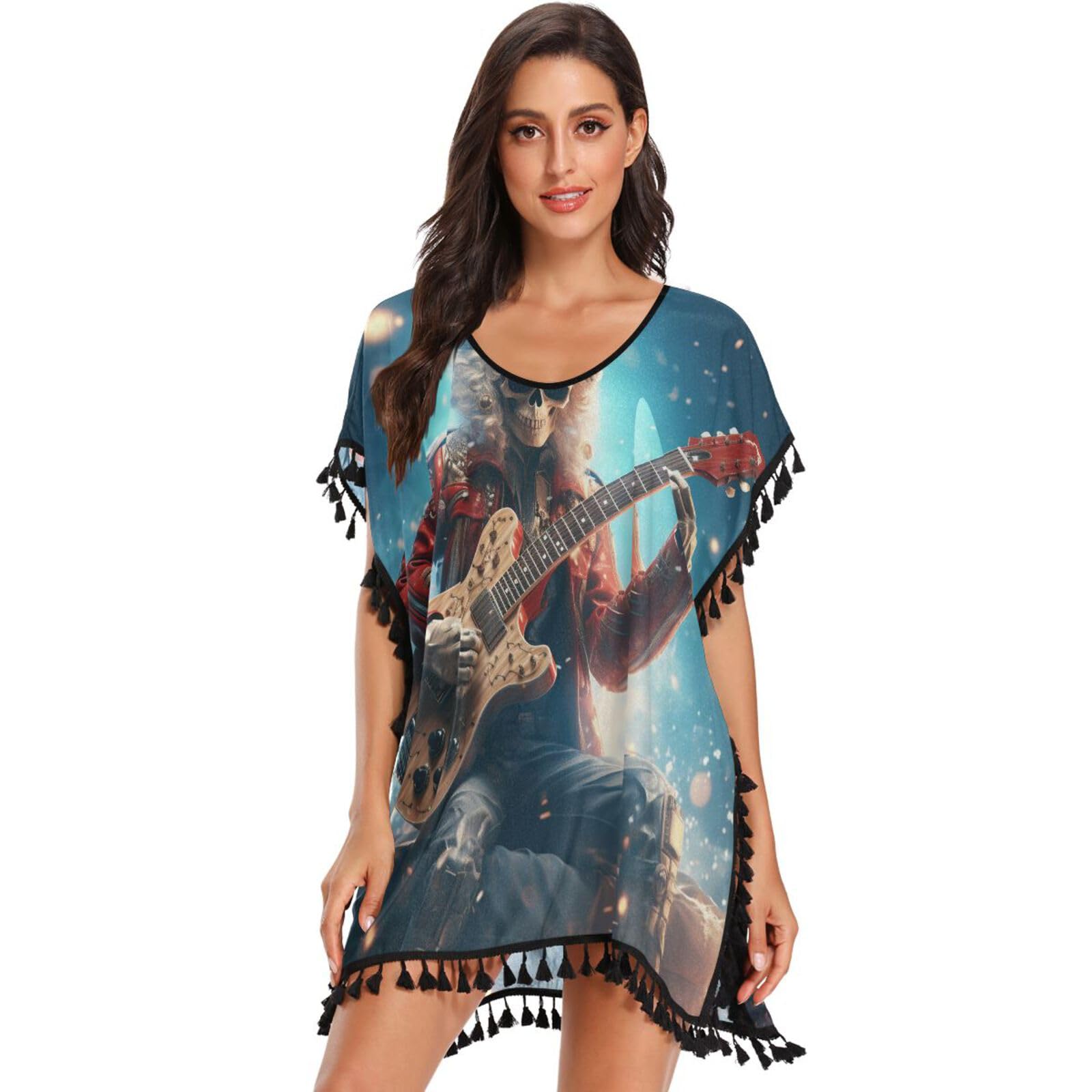 KAAVIYO Christmas Cool Skull Women's Beach Cover Up Chiffon Tassel Swimwear Swimsuit Coverups for Girl