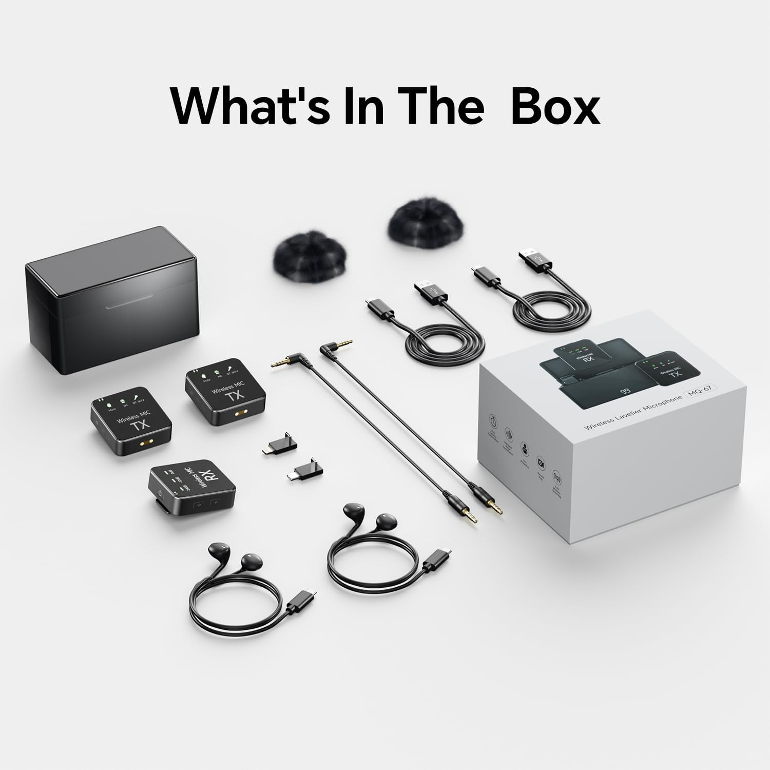 Contents of the MUQI Wireless Lavalier Microphone package