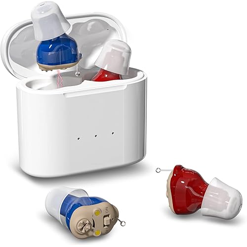 micofo Hearing Aids for Seniors Rechargeable, Invisible Noise Cancelling Hearing Amplifiers Aids for Adults with Mild to Moderate Hearing Loss, Magnetic Box, 2 Sets Accessories, Red&Blue