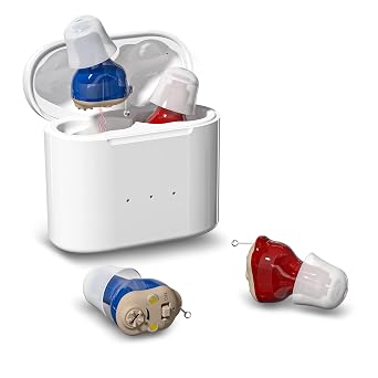 Mini Rechargeable In Ear Hearing Amplifiers for Mild to Moderate Hearing Loss, Effective Hearing Assist with Noise Cancelling, Red&Blue, Pair