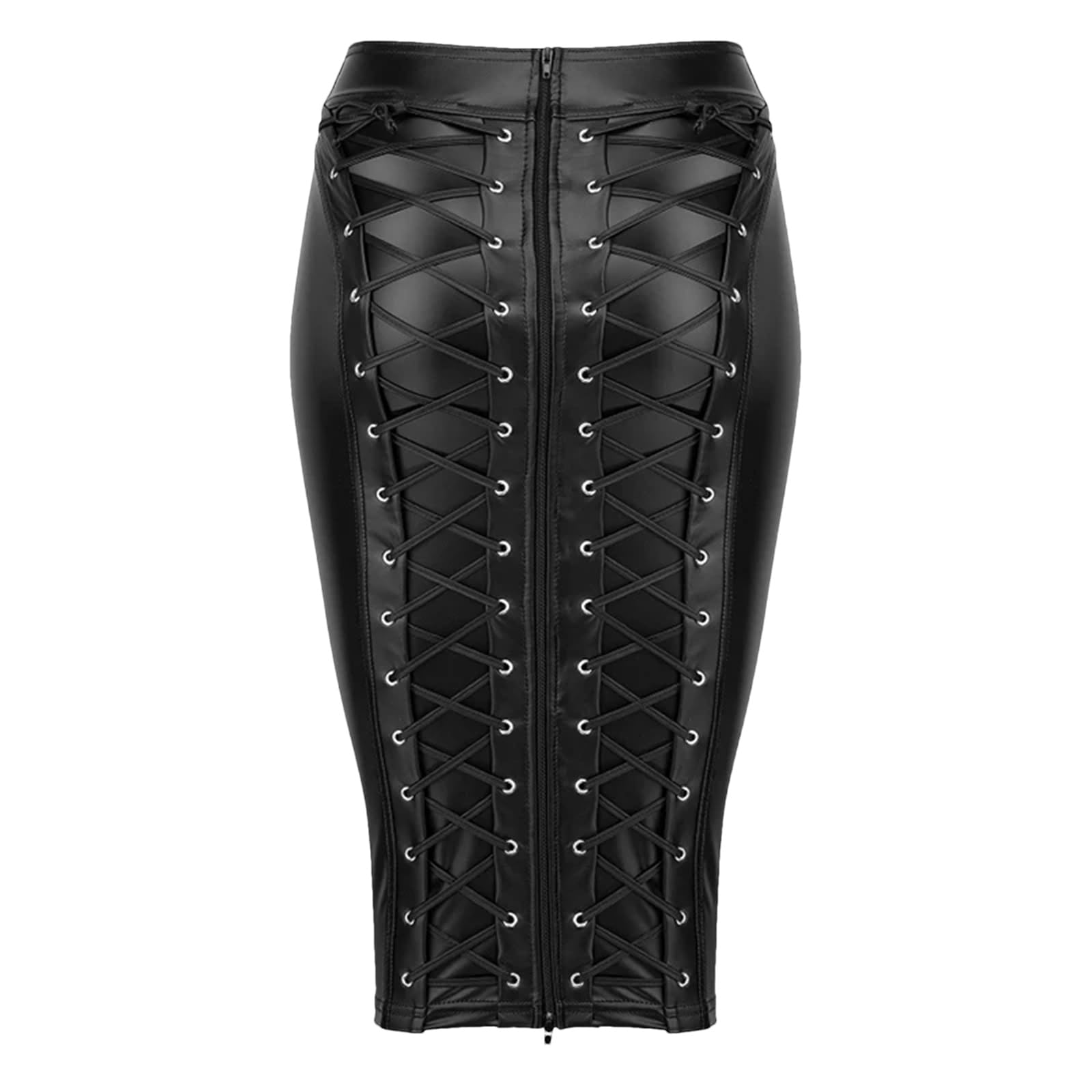 Women’s Steampunk Leather Pencil Skirt Lace-Up Zipper Gothic Black Spring Retro