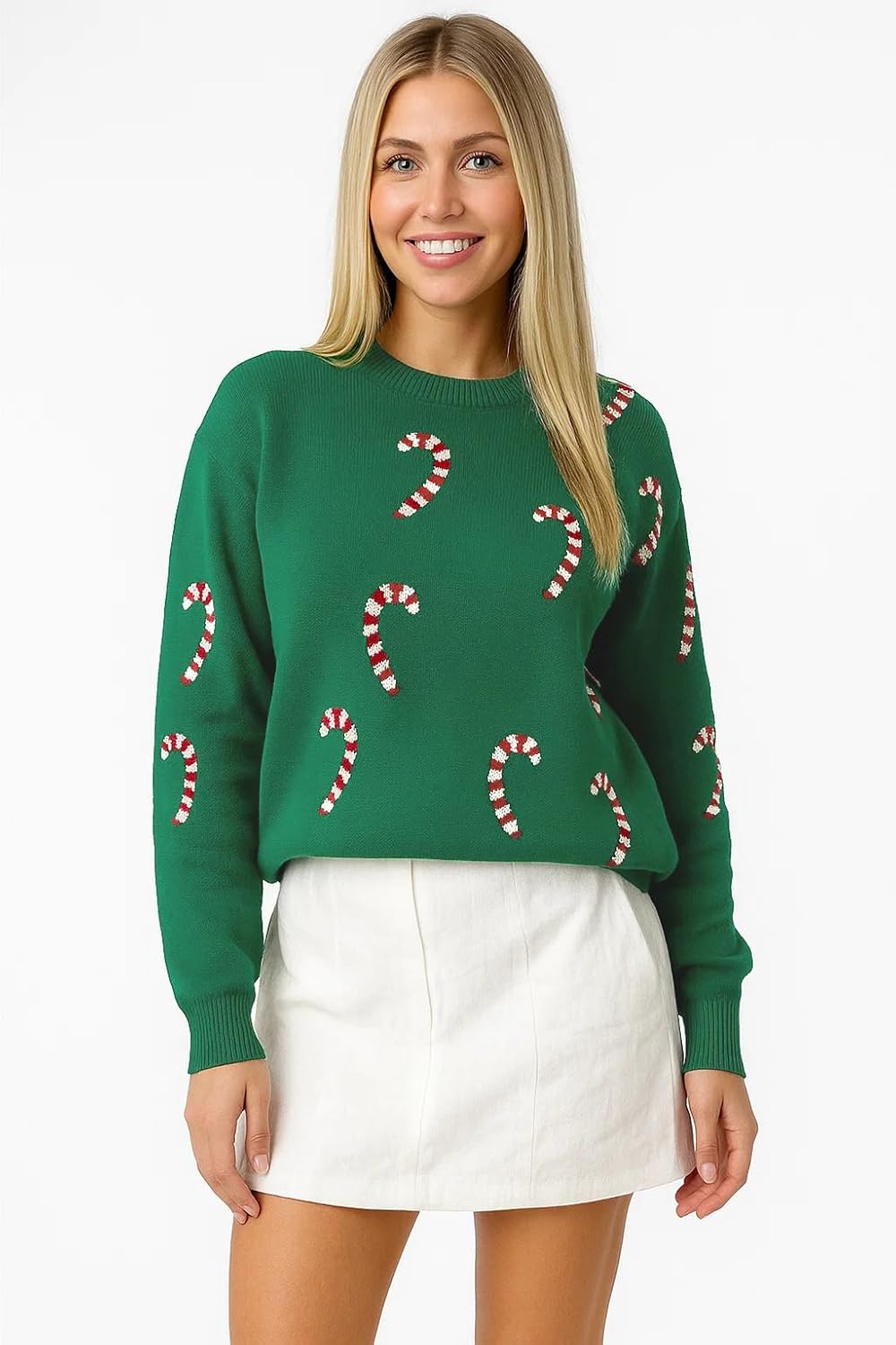 Christmas Sweater for Women Soft Drop Shoulder Pullover Crewneck Cute Candy Cane Holiday Sweater - Image 2