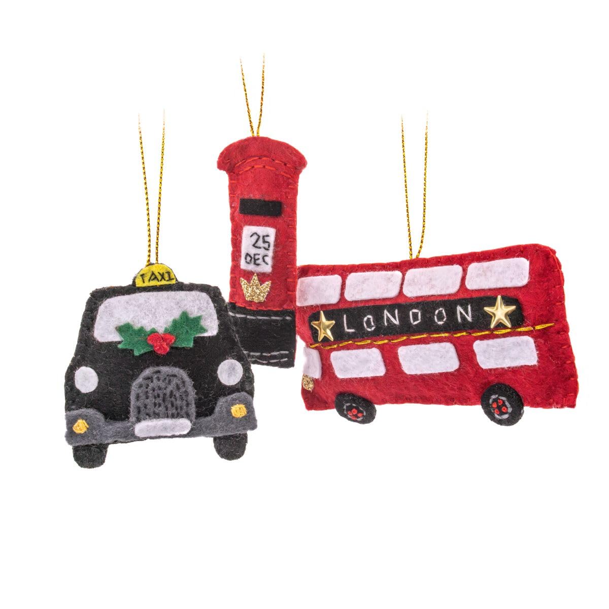 Sass & Belle Felt London Christmas Tree Decorations Set of 3 | London Bus, Black Taxi & Post Box Hanging Ornaments | British Christmas Tree Decorations | Felt Christmas Decorations