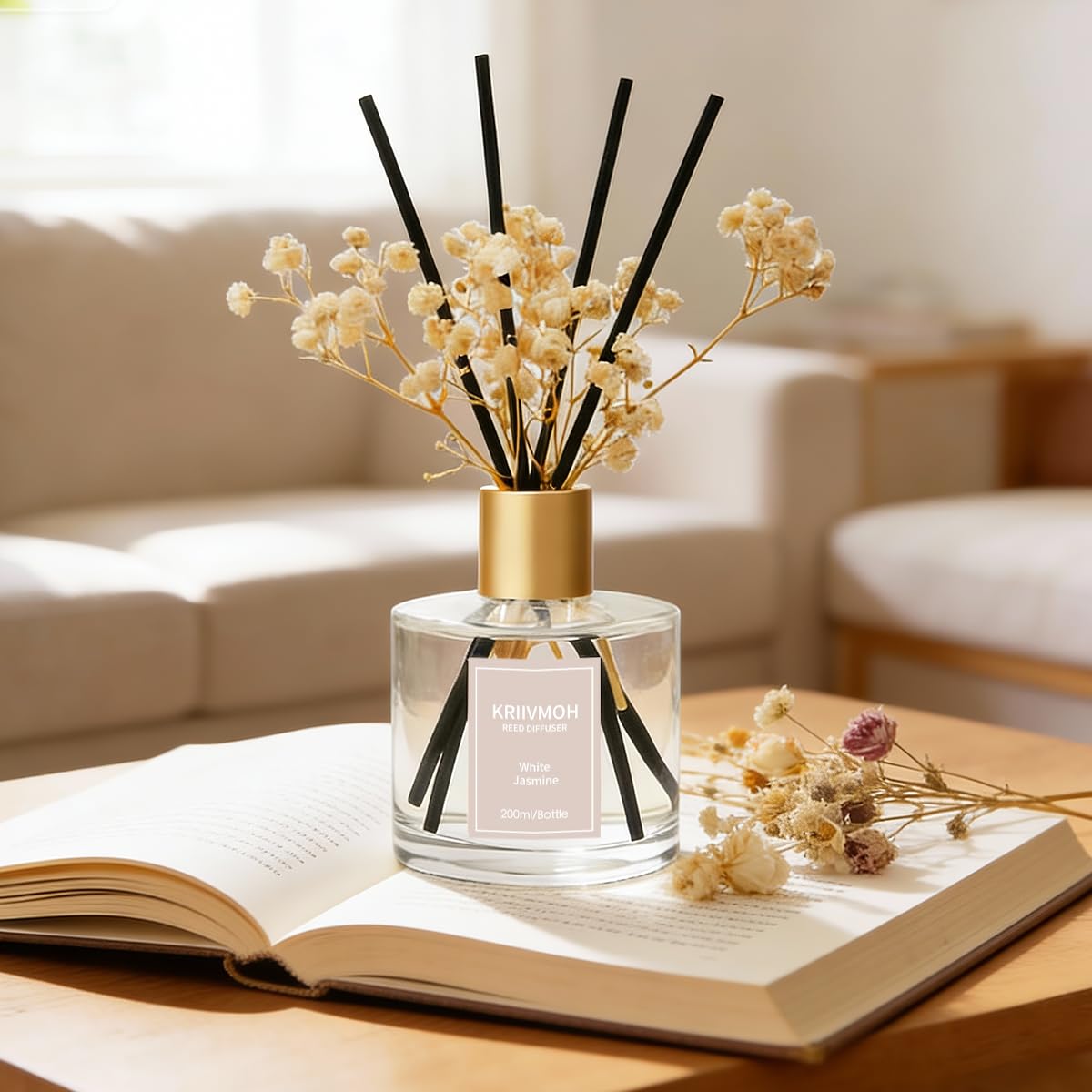 Diffuseur Parfum Maison, 200 ML, diffuseur de Parfum au Jasmin Blanc avec 8 bâtonnets Parfum Longue durée pour la Maison, la Salle de Bain, la décoration de la Chambre