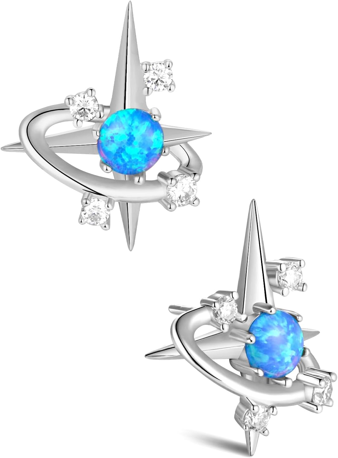 Blue Opal Round Moissanite Star Earrings, Solid 925 Sterling Silver with Gold/White Gold Plated Space Stud Earring, Galaxy Planet Space Earrings for Her/Him, Birthday Christmas Anniversary Jewelry