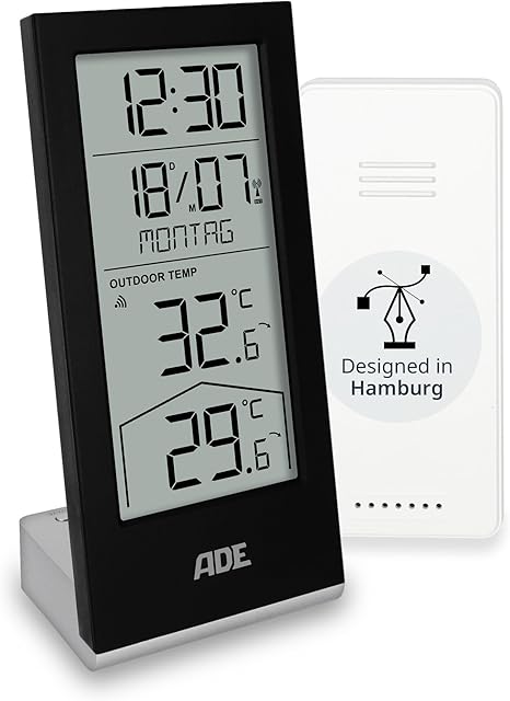 ADE ADE Funkuhr digital mit Temperaturanzeige und Außensensor | Thermometer für Innen- und Außentemperatur | Trendanzeige | Tischuhr mit Datum und Wochentag | inkl. Batterien | schwarz — Wetterstationen
