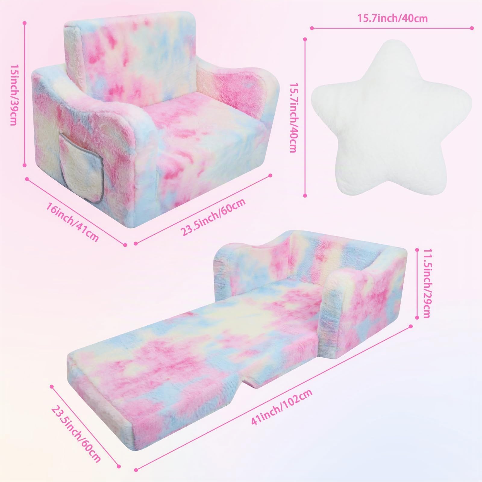 Canapé Pliant pour Enfants avec Oreiller en Forme d'étoile Canapé-Lit Convertible 2 en 1,Fauteuil Stable pour Fille Bébés avec Poche, Canapé Chaise Confortable pour Chambre à Coucher Salon,Rose