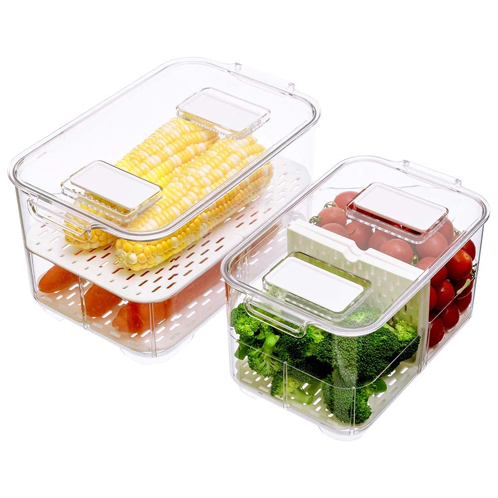 SANNO Kühlschrank Organizer mit Deckel, 2er Stapelbare Küche Aufbewahrungsbox Set mit Deckel Küchen Organizer für Gemüse, Beeren, Fleisch