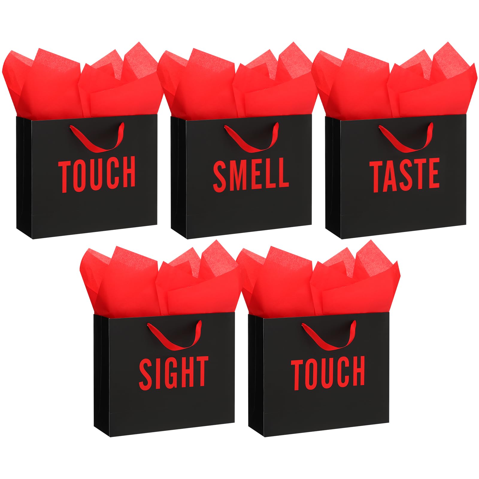 Kolldenn 5 Senses Gift Bags for Him and Her Five Senses Gift Bag with Ribbon Handles and Tissue Paper Present Wrappings for Valentine Wedding Birthday Mothers Day (Black Red,11.8 x 10 x 4 Inch)