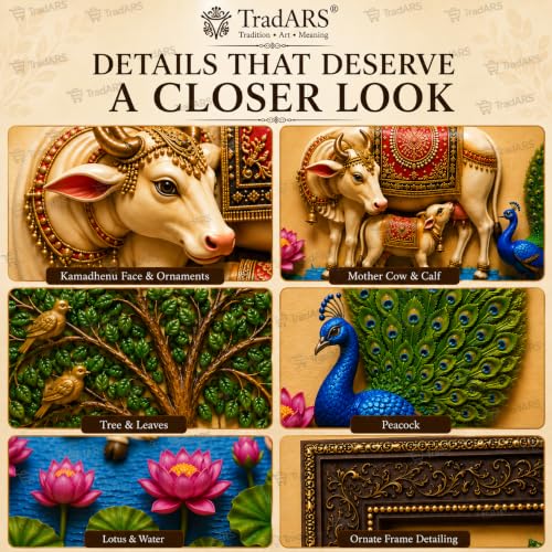 Image of Kamadhenu Cow & Calf Wall Photo Frame with Tree of Life, Peacock & Lotus | 8 x 12 Inch(20.32 x 30.48 cm) Religious Wall Decor for Living Room, Pooja Room & Bedroom | Vastu Home Decoration | Housewarming Gift