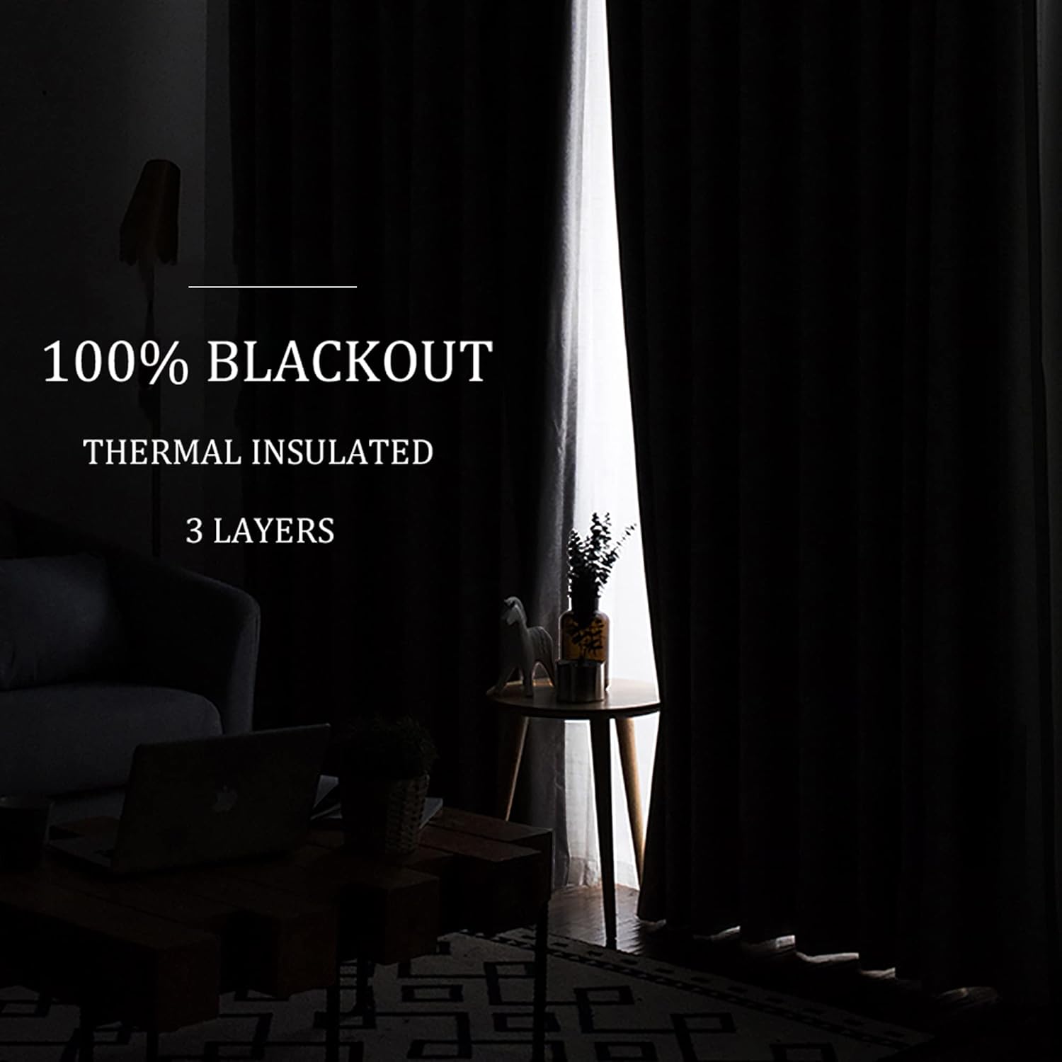 RYB HOME Soundproof Curtains for Bedroom - 3 Layers 100% Blackout Noise Cancelling Thermal Insulted Curtains for Living Room Home Theatre Office Window Decor, W 42 x L 63 inch, Black, 1 Pair