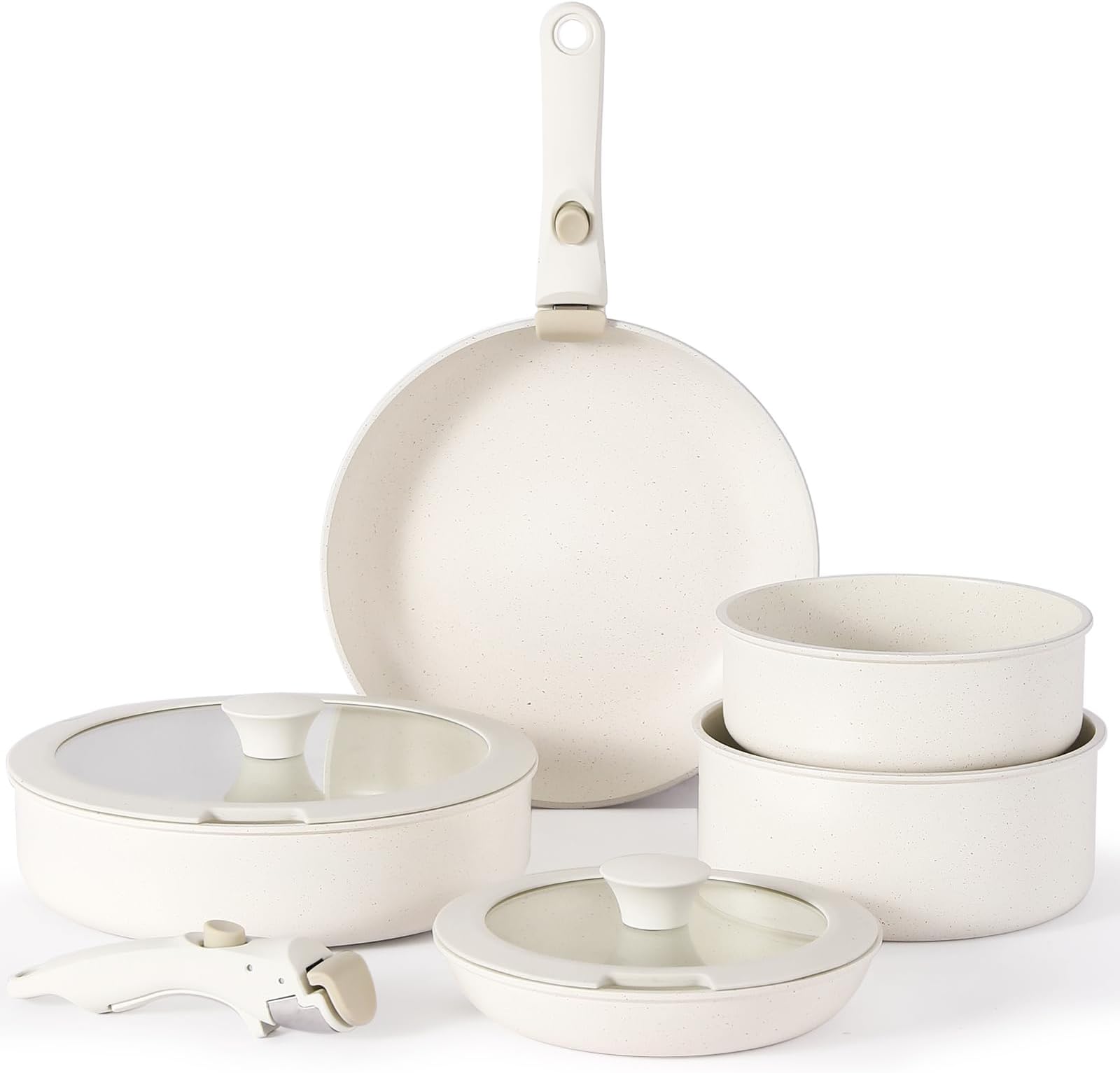 vkoocy Pot And Pan Set With Removable Handle, Nonstick Cookware Set Detachable Handle, Induction Kitchen Camping Stackable Pots Pans, Dishwasher/Oven Safe, Cream, 9 Count, White