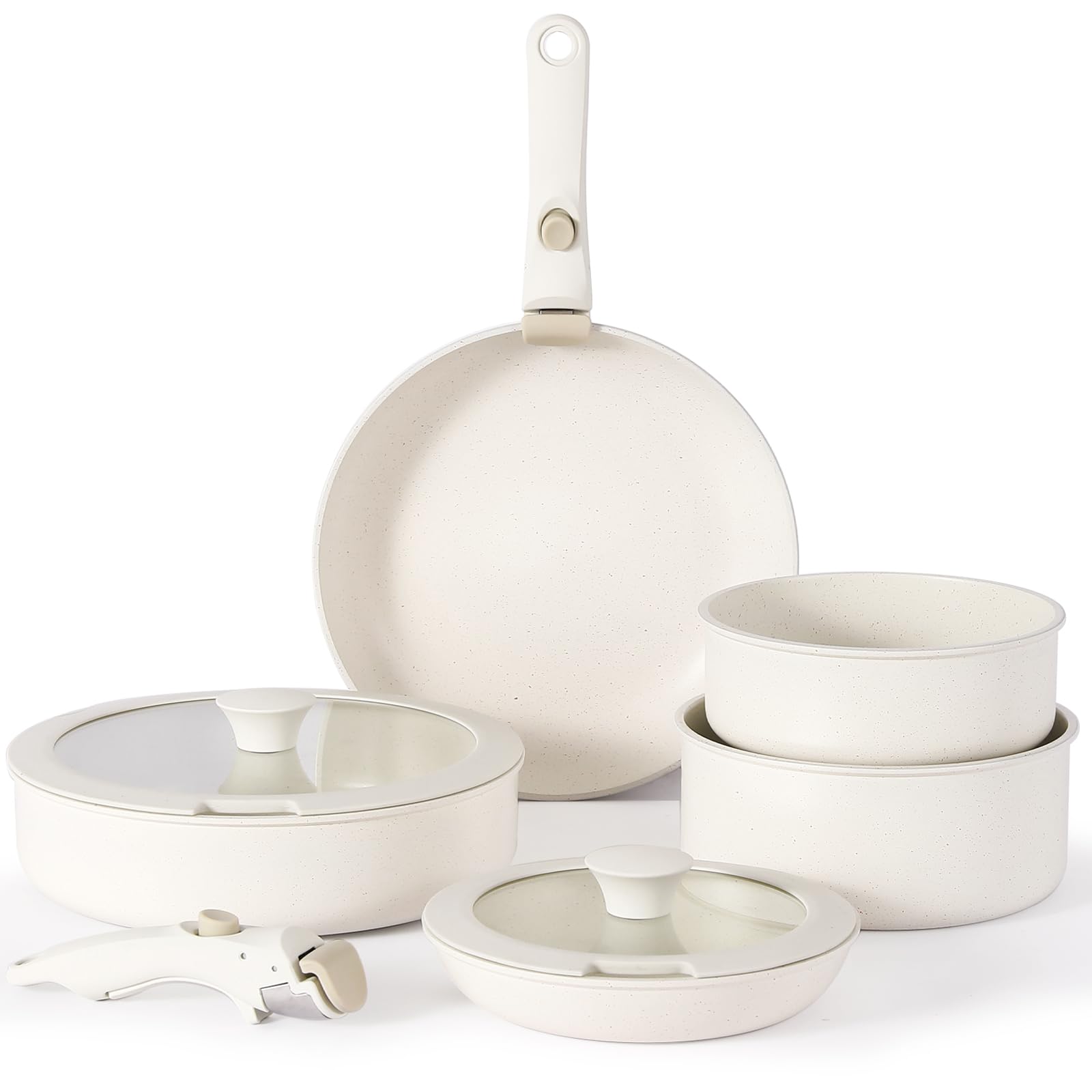 Set Pentole Antiaderenti Con Manico Staccabile Numola - Impilabili E Perfette Per Camper (Bianco Crema)