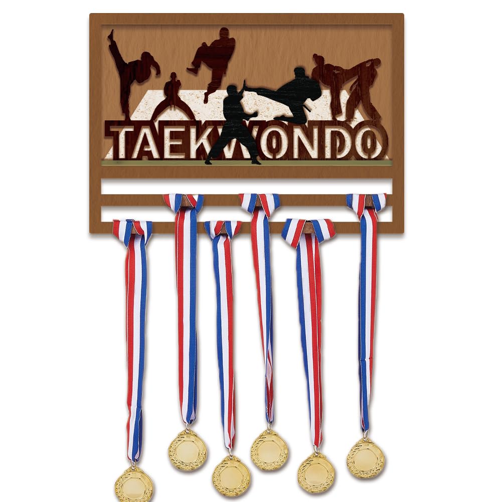 SUPERDANT 3D Taekwondo Medaillenhalter Taekwondo Silhouette Medaillen Aufbewahrung Holz Medaillen Halter Schlüsselband Turnmedaillenhalter Medaille Aufhängedekor Geschenke für Sportler