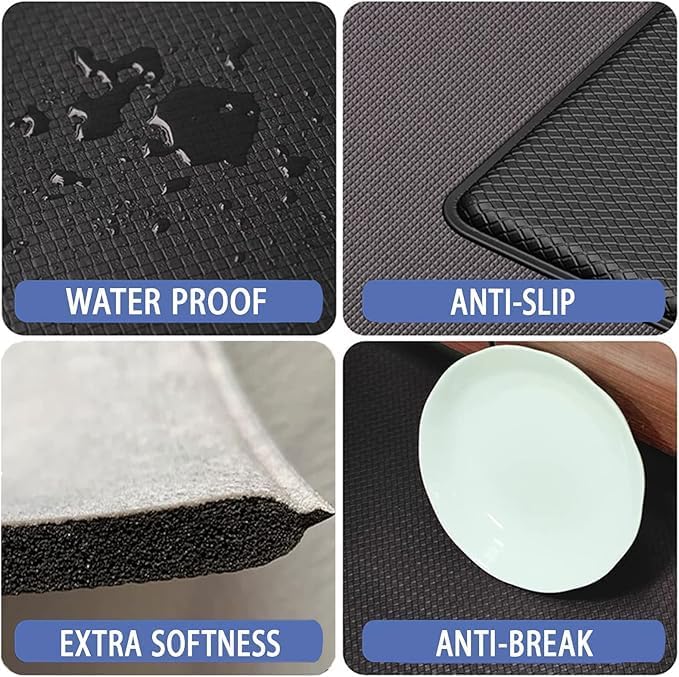Image of Zorzel Rubber Anti Fatigue Kitchen Rug Set,2 Pcs Non Slip Kitchen Mats for Floor Cushioned Kitchen Rug & Mat,Waterproof Comfort Standing Mat,Runner for Kitchen,Home Office,Sink,Laundry (Black Flower)