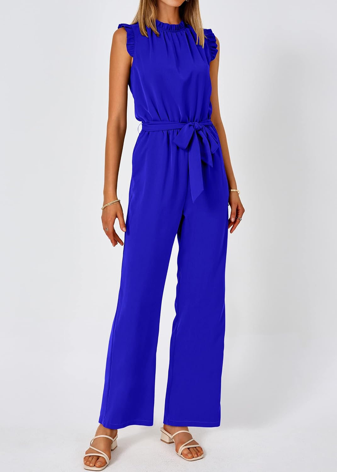 KIRUNDO Jumpsuits For Women Dressy Summer One Piece Sleeveless Ruffle Mock Neck Belt Pockets Formal Wide Leg Pants Romper - Image 4