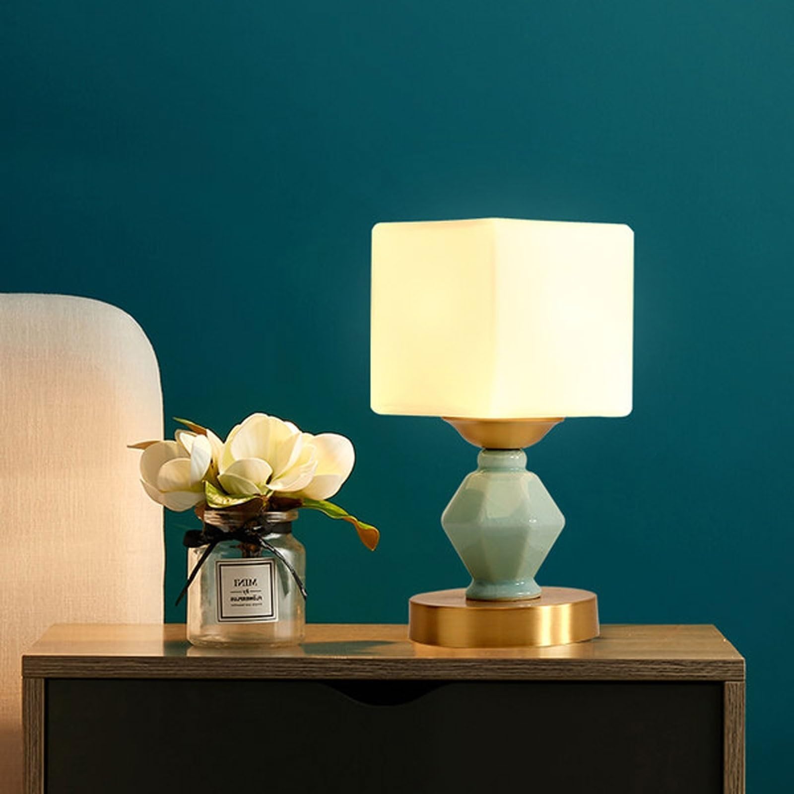 Lampa stołowa na biurko, nowoczesna, mała, ceramiczna, biała, abażur, stolik nocny, salon, sypialnia, lampa biurkowa LED