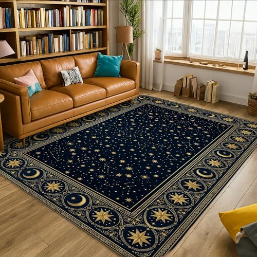 Stars Area Rug, Celestial Mystical Moon Sun Fall Navy Blue Low Pile Sponge Home...