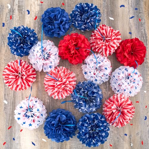 Image of Homarkable Red White and Blue Tissue Paper Pom Pom Garlands, Patriotic Decorations, Paper Pompom Decors for Memorial Day, Fourth of July Independence Day Supplies Party Decor