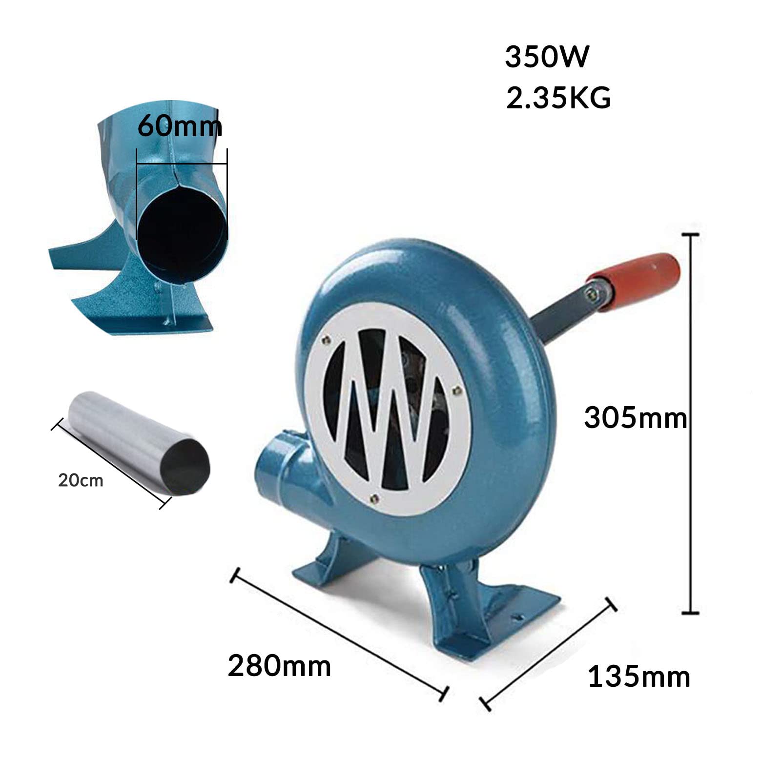 Soffiatore per forgia da fabbro a manovella, Ventilatore Manuale per affumicatura a carbonella con Tubo di prolunga da 20 cm e Nastro sigillante (80 W/120 W/150 W/200 W/250 W/300 W/350 W)