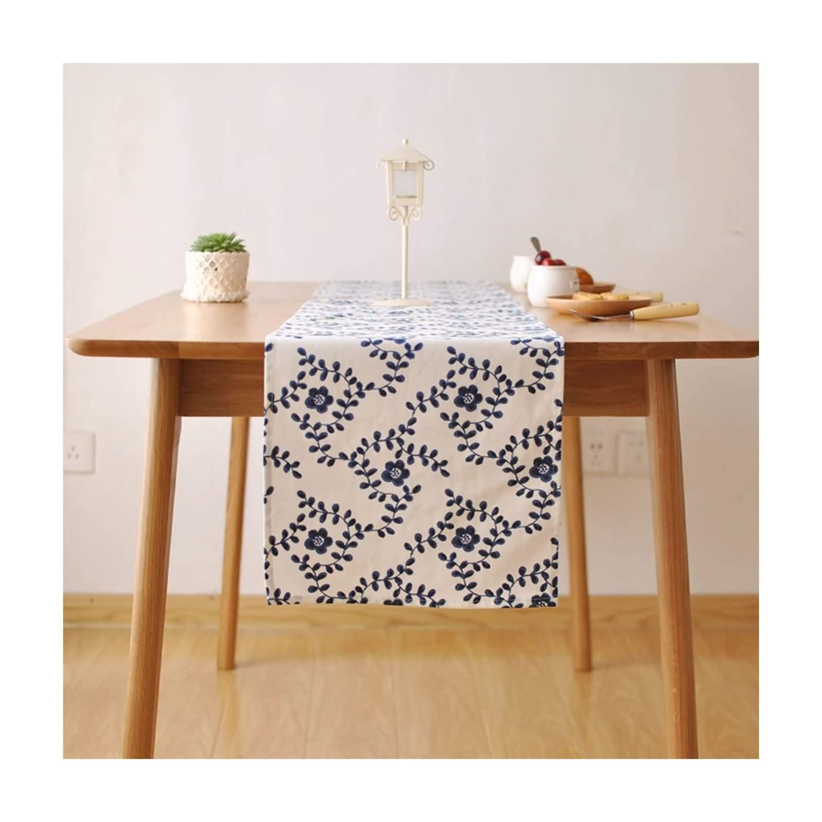 Świąteczny bieżnik na stół, świąteczny bieżnik na stół mały 35 x 220 cm niebieski biały kwiat wzór bawełna i len wesele urodziny dekoracja domu 35 x 220 cm