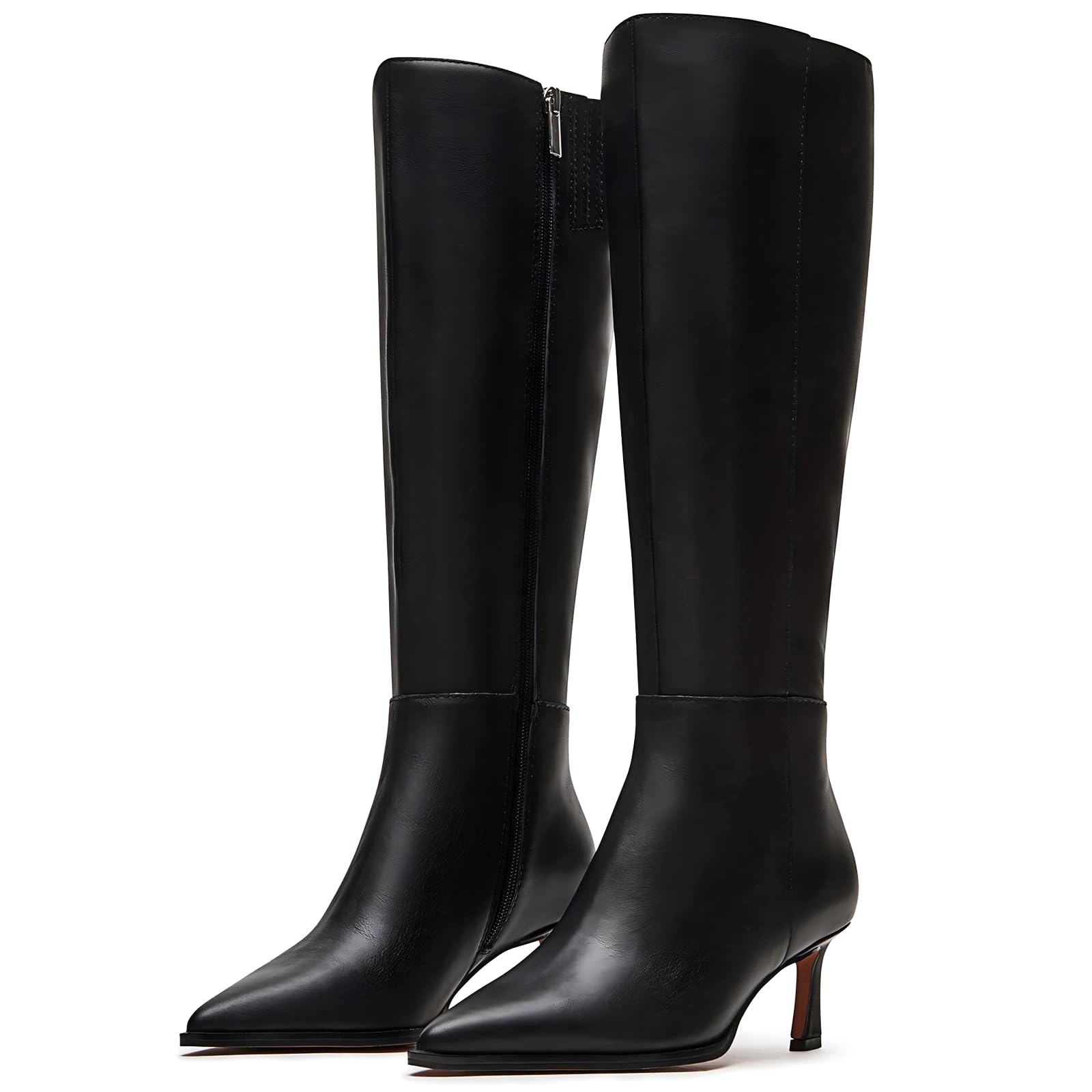SUIARA Kitten Heel Knee High Boots Women-Pointed Toe Faux Leather Stiletto Side Zipper Long Tall Dress Boot