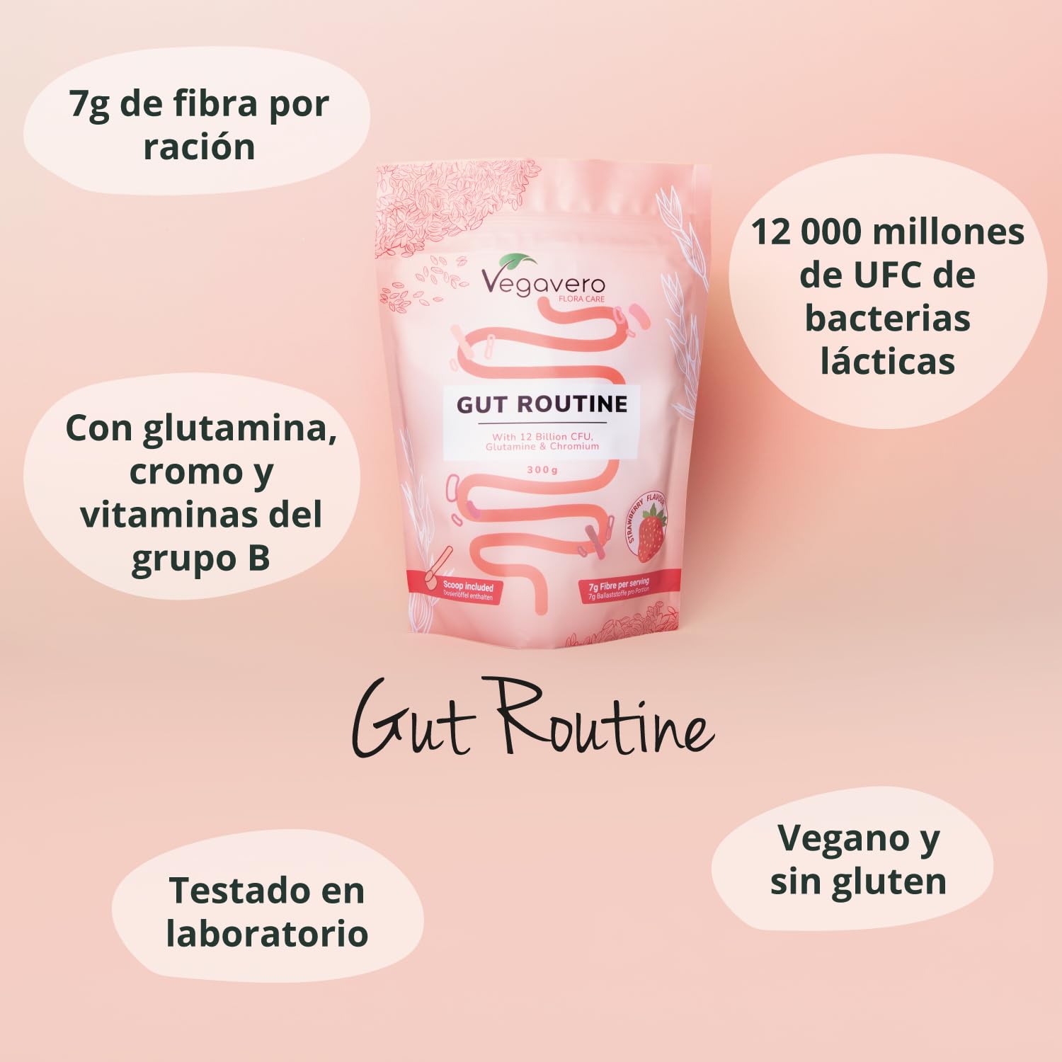 Vegavero Gut Routine | Complejo de Fibra y Probióticos para la Salud Intestinal | 7 g de Fibra, 12.000 Millones UFC, Psyllium y Vitaminas B | 300 g de Polvo | Natural, Sin Aditivos y Vegano
