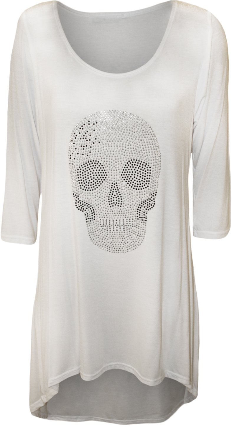 WearAll Womens Plus Size Skull Tail Back Dip Hem Ladies Long Scoop Neck Sleeve Top - White - 26/28