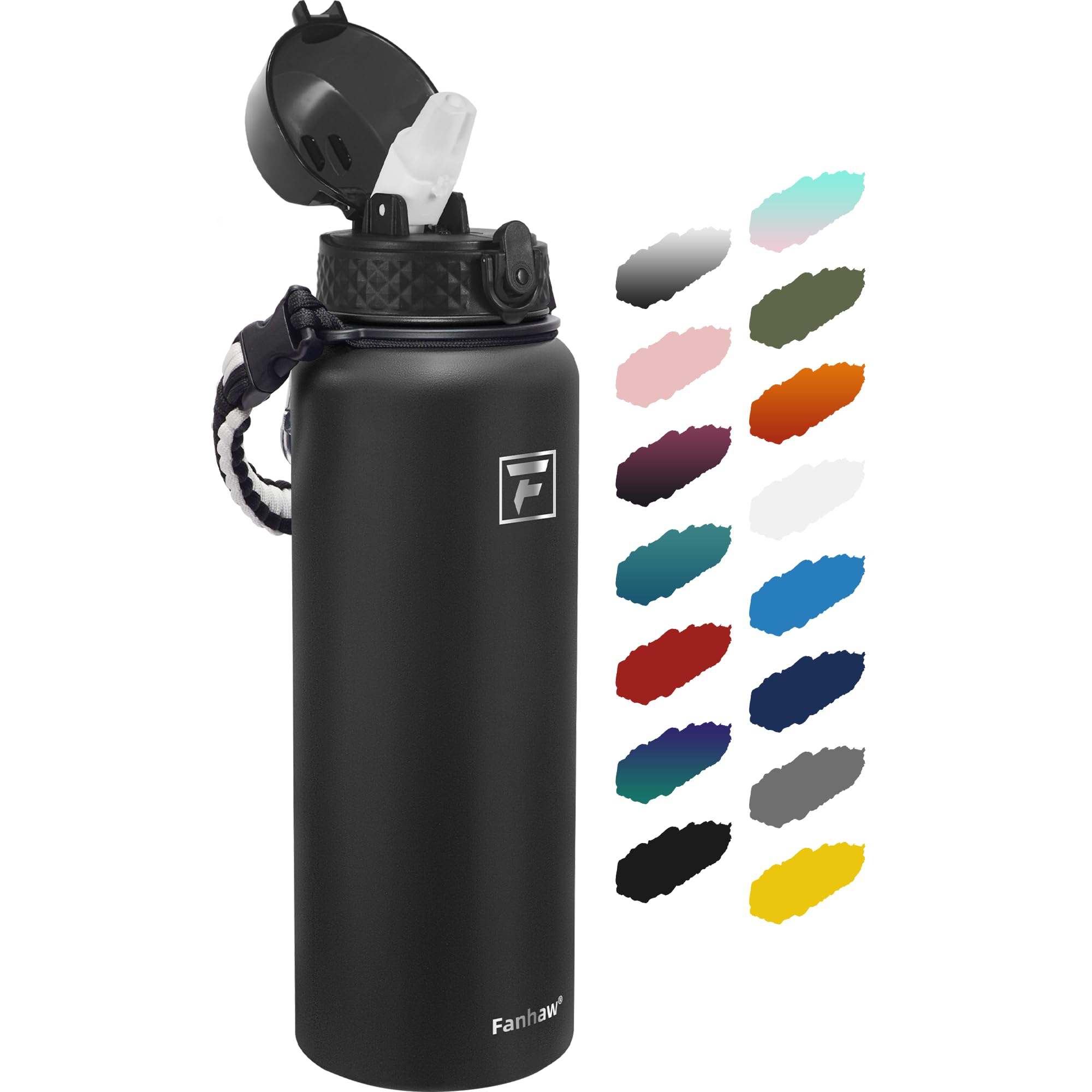 Fanhaw 40 oz Insulated Stainless Steel Water Bottle with Straw Lid, Leakproof Extra-Large Sports Bottle for Men & Women (Black)