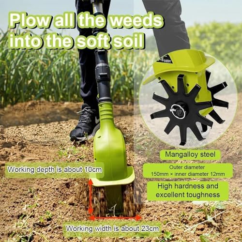 Rotavatore del giardino elettrico, coltivatore a manuale a cordone con batteria e caricabatterie da 2 x 2000 mAh, profondità di lavoro di 25 cm, larghezza di consegna di 10 cm, rotavatore del timone