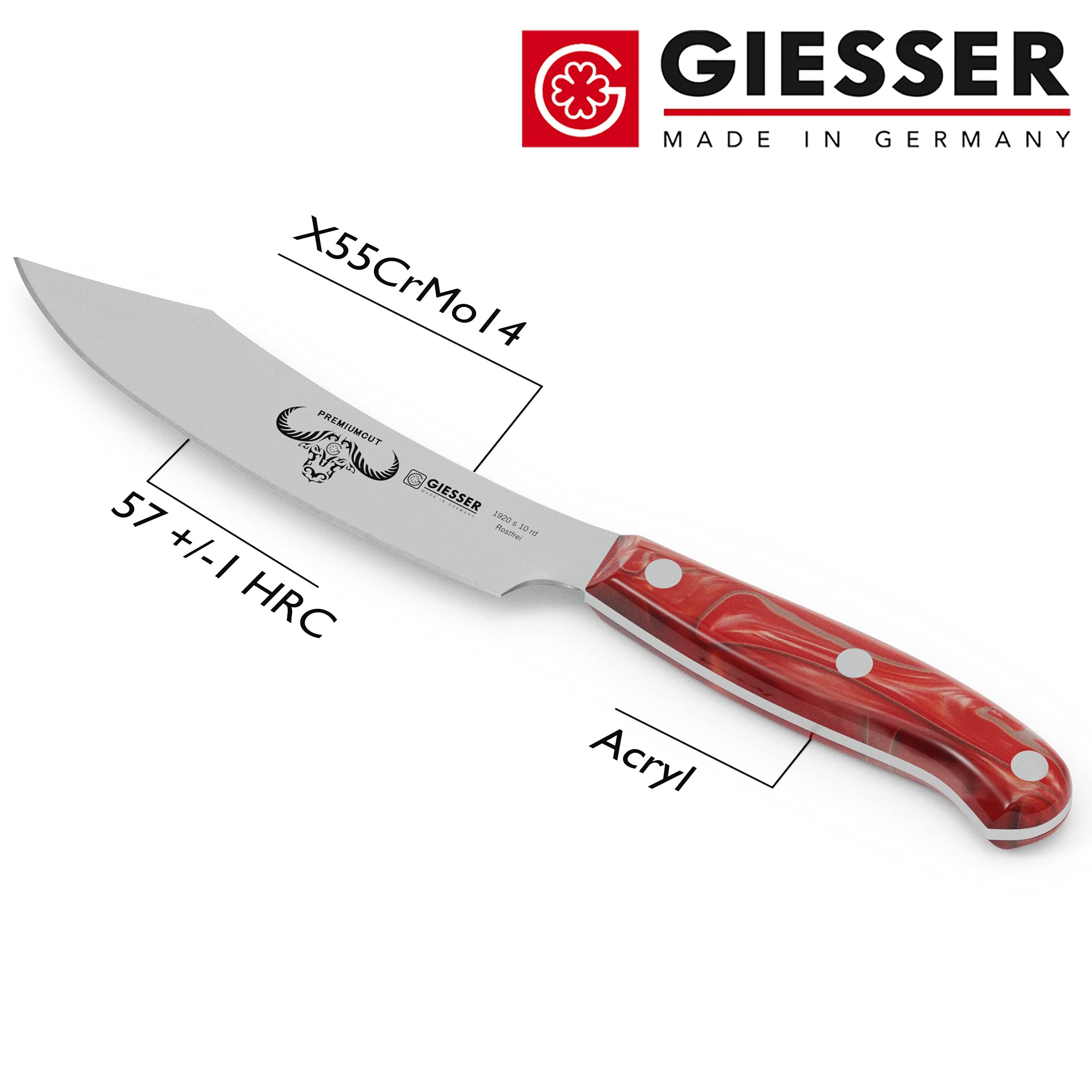 Giesser seit 1776 - Made in Germany - Spickmesser 10 cm Red Diamond, PremiumCut Office No 1, Officemesser Acryl rot, rostfrei, deutsches scharfes Messer