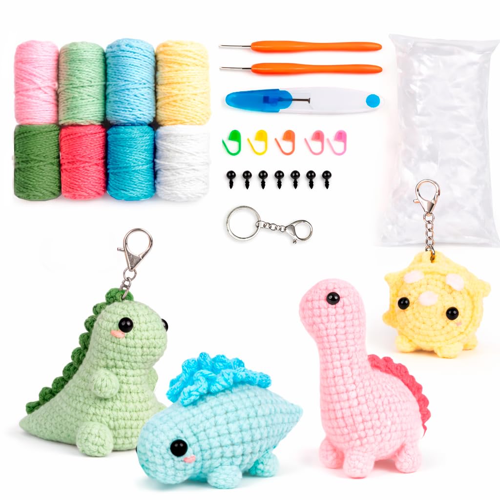 Artnova Amigurumi Dinosaurs Crochet Kit for Beginners – Complete Set with Threads, Needles, Filling, Eyes and 4 Keychains – Includes Video Tutorial Step by Step – Crafts DIY Creative Gift