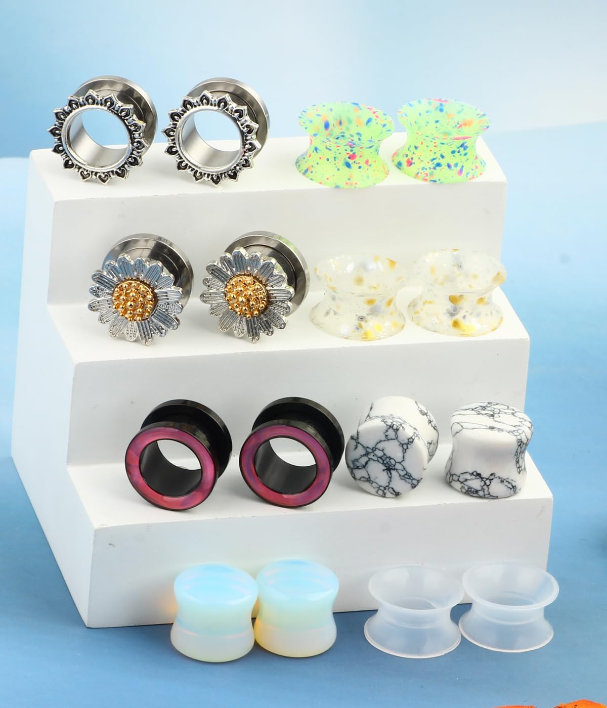 TIANCI FBYJS 8 Pairs Stainless Steel Ear Tunnels and Plugs Flesh Expander Earring Gauges Silicone Glass Piercing Strecher Set for Women Men 2G-5/8 G - Image 5