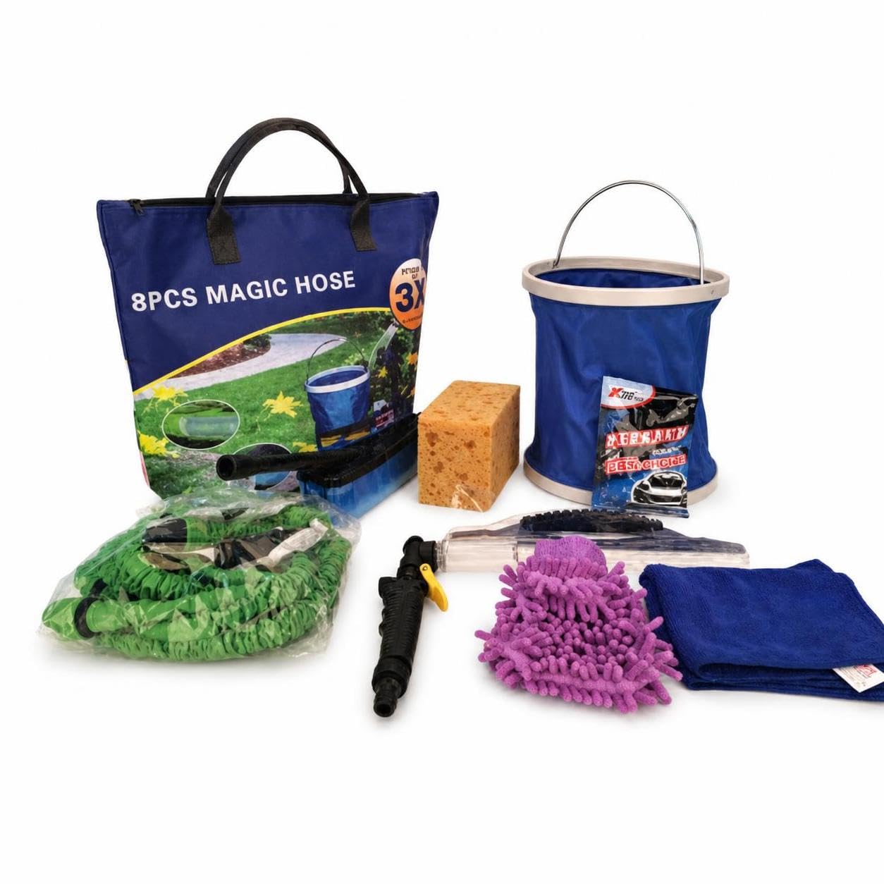 Kit di pulizia veicoli completo 8 pezzi con tubo espandibile e secchio pieghevole per lavaggio auto, per veicoli - per la casa