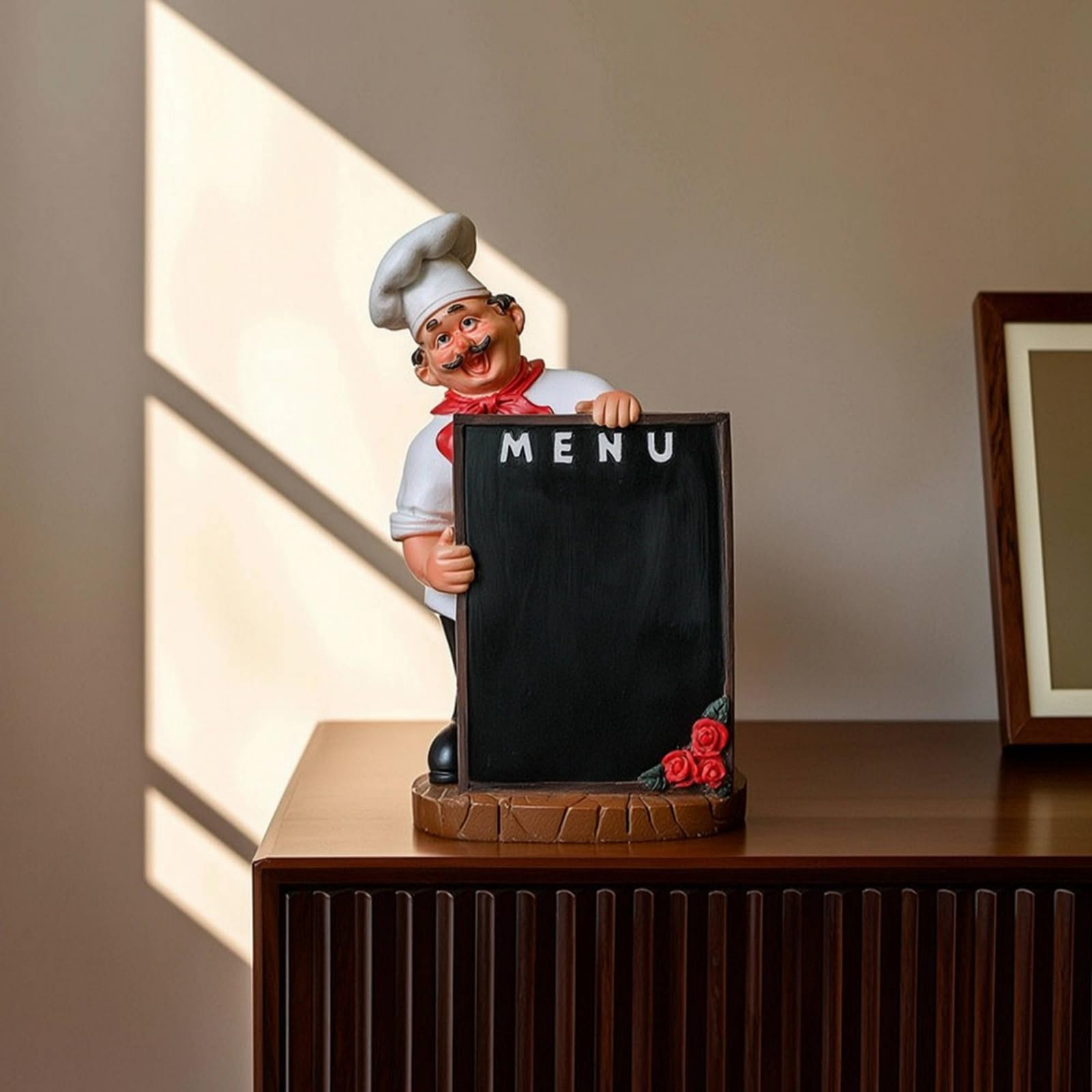 Qectial Statua Chef Portabottiglie Scultura, Chef Con Lavagna Menu E Rose, Stile Europeo