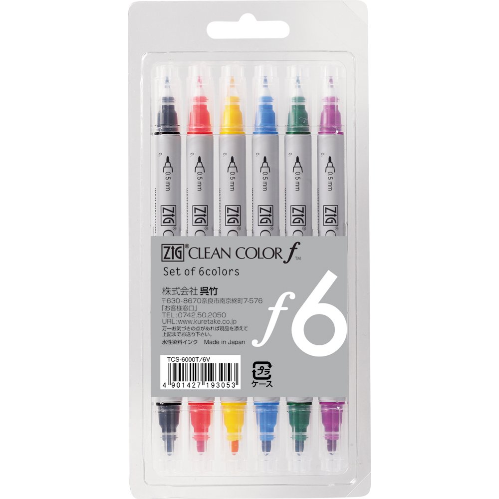 Kuretake ZIG Clean Color F 6 Color Marker Pen Set Water Based Japan