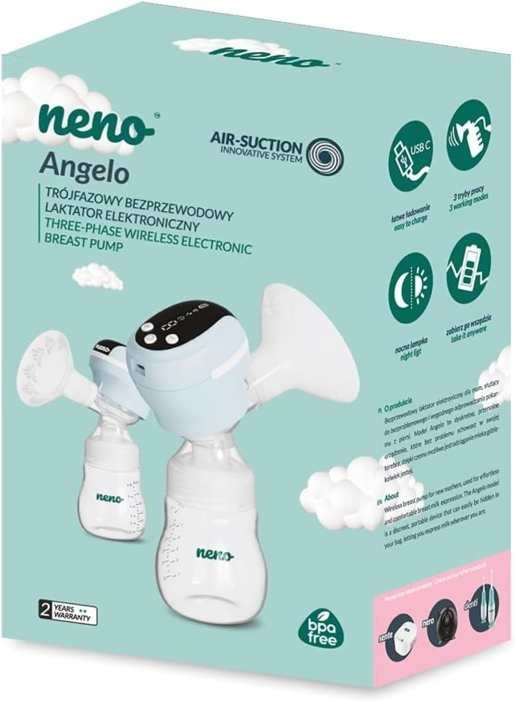 NENO Angelo Milchpumpe Elektrisch Milch Pumpe Kabellos Muttermilch Abpumpen | mit Elektrischer Brustpumpe - Dreiphasen – mit 2 Milchbeuteln & Sauger – 9 Modi & 9 Stufen – BPA-frei