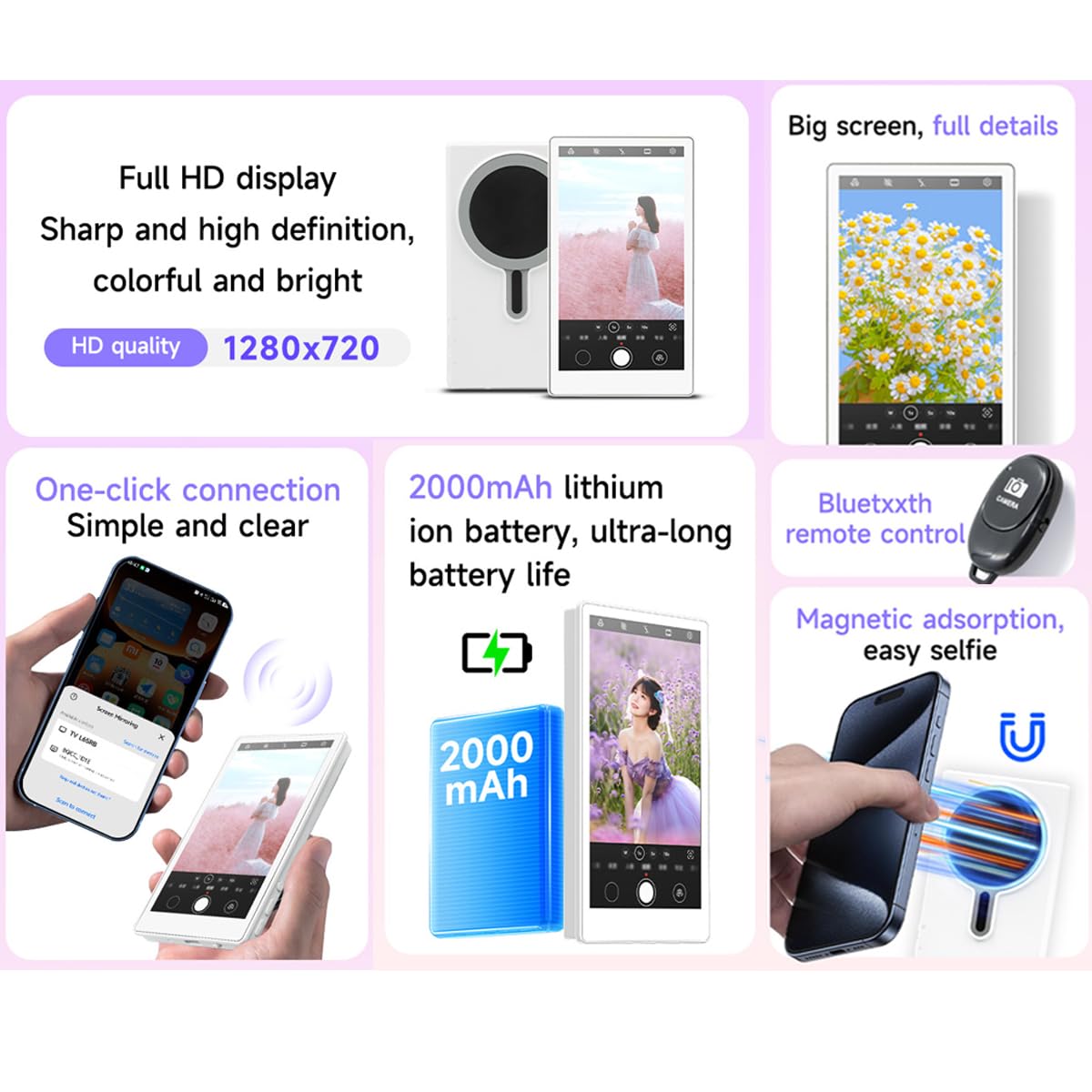 Magnetyczny telefon vlog selfie monitor, bezprzewodowy ekran selfie do iPhone'a i Androida 2000 mAh z pilotem Bluetooth, 3-poziomowa jasność i tryb szerokiego ekranu, do selfie, vloga, bez opóźnień
