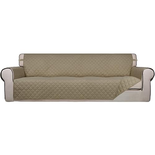 PureFit Reversible Quilted Sofa Cover, Water Resistant Slipcover Furniture Protector, Washable Couch Cover with Non Slip and Elastic Straps for Kids, Dogs, Pets (XX Large, Beige/Beige)