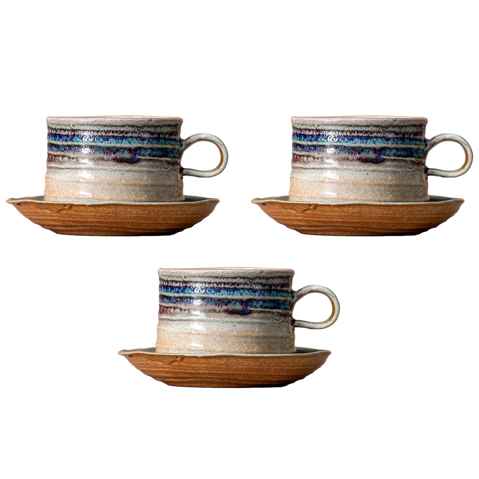 Tazas de café expreso de cerámica de 165ml con Mango de Madera, Tazas esmaltadas Retro Hechas a Mano con platillo, Ideales para té y café en casa y Oficina