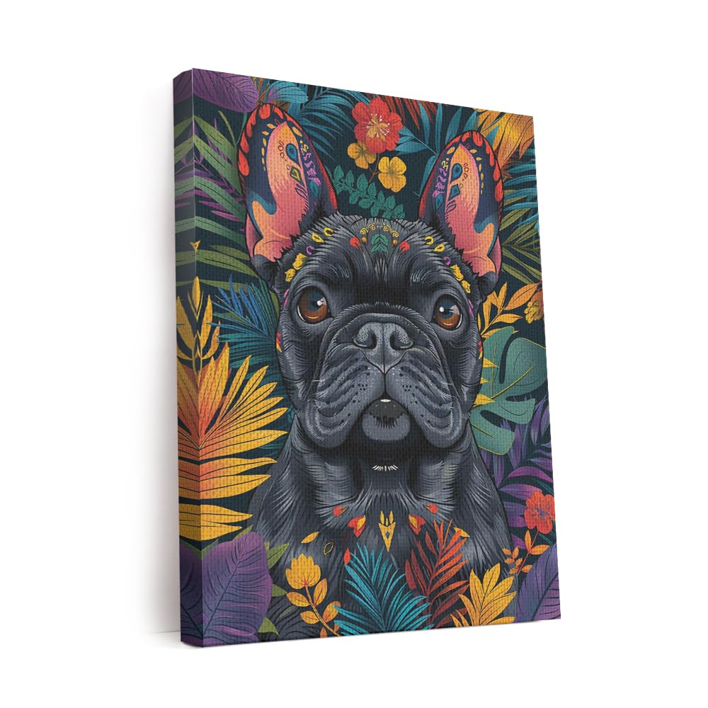 Elivita French Bulldog Jungle Boho Art Design 1 Vertical Canvas Wall Art Prints Pictures Gifts Artwork Framed For Kitchen Living Room Bathroom Wall