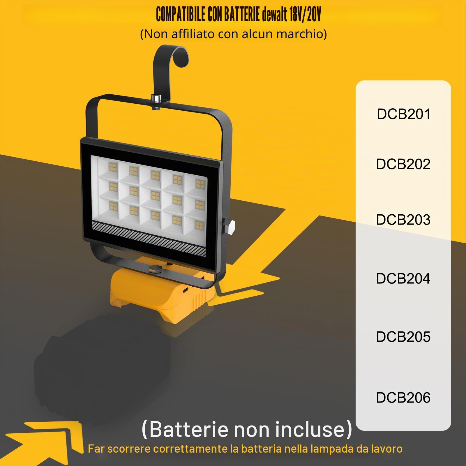 T-SUN Faro LED Ricaricabile Compatibile con Batteria Dewalt 18V, 60W 4500LM Luci da Lavoro Portatili Ricaricabili Lampada da Lavoro per Campeggio, Lavoro, Pesca, Emergenza (Senza Batteria)
