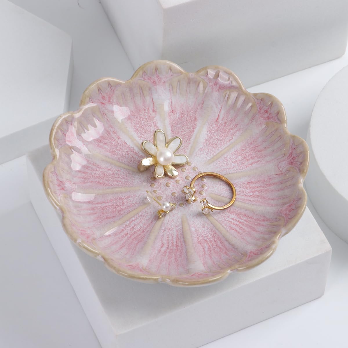 Vukehon Petals-Pink Jewelry Dish Lotus Leaf Shape Ring Holder Ceramic Decorative Plate Trinket Tray Key Bowl(Petals-Pink)