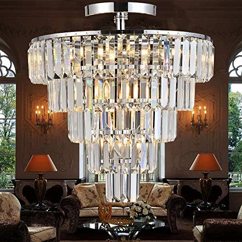 GLANZHAUS Crystal Chandelier,50cm Chrome Round Top Chandelier Semi Flush Mount Ceiling Light,10 Lights 5-Tier Crystal Pendant Ceiling Lighting Fixture for Living Room Bedroom Dining Room